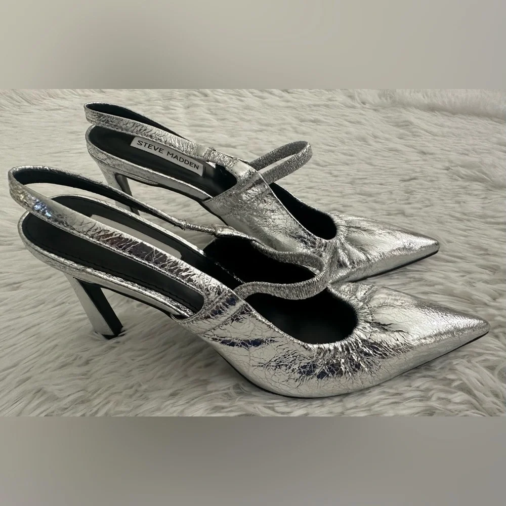Steve Madden Grae‎ Silver Pointed Toe  Heels Slingback Shoes sz 9 - Picture 2 of 6